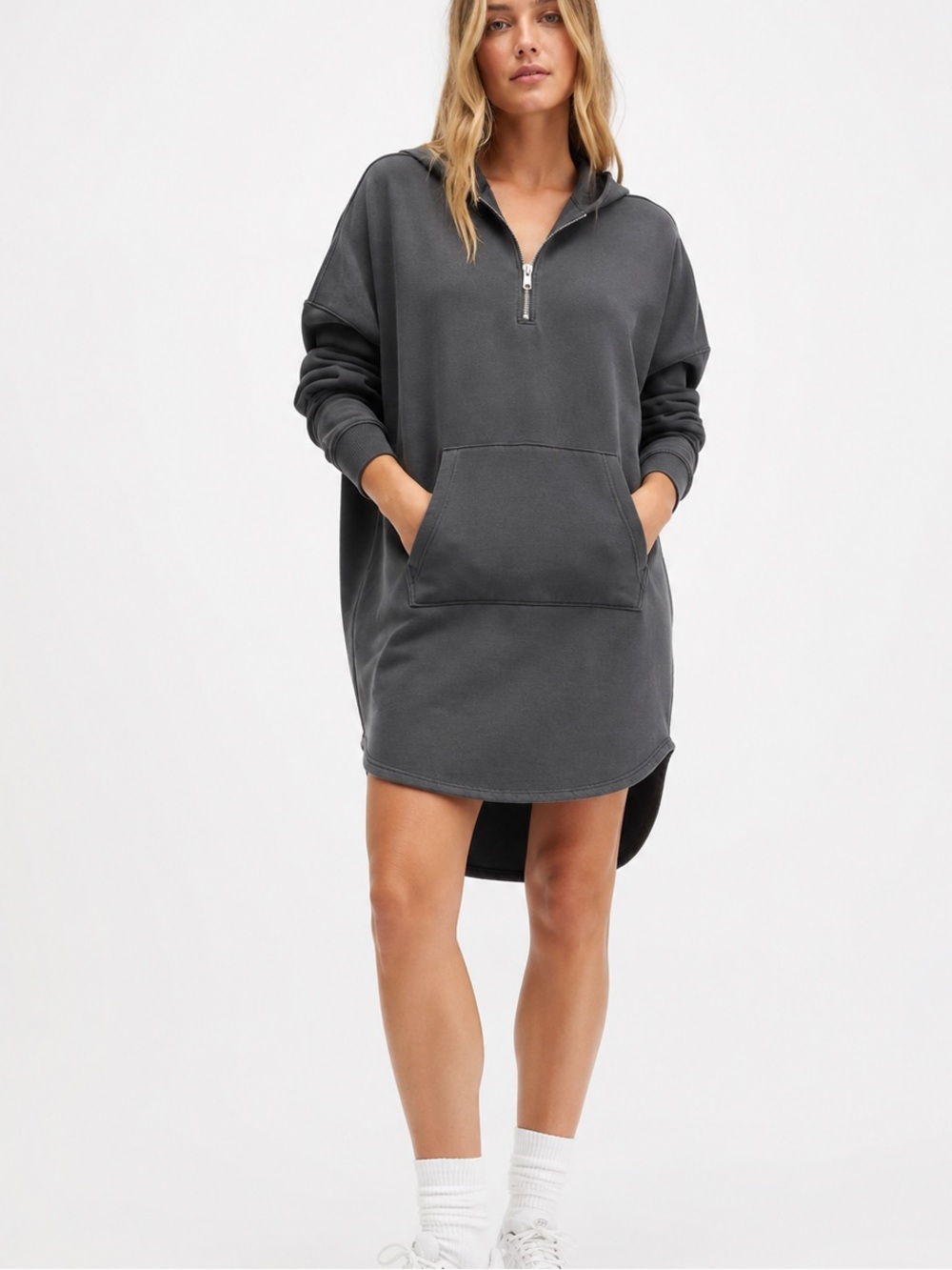 AllSaints Xonda Oversized Minimalist Hoodie Dress Vintage Gray Half Zip XSmall